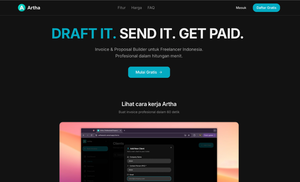 Artha invoice and proposal web application displayed in a browser screenshot