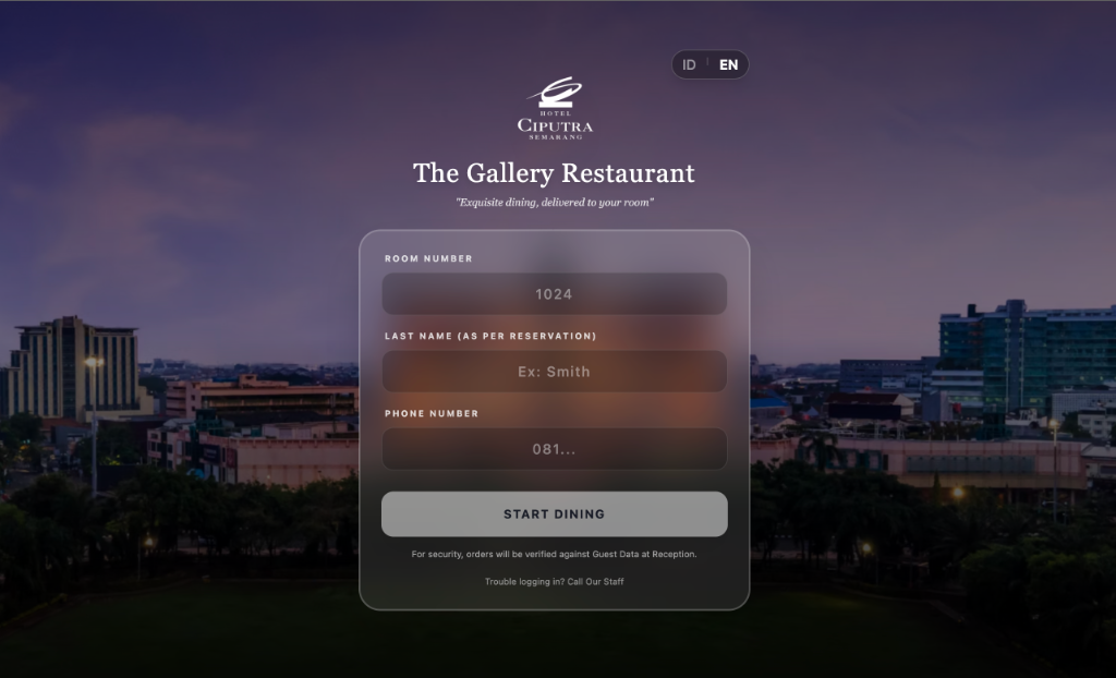 Hotel Ciputra Semarang room-service interface with a guest order-entry form