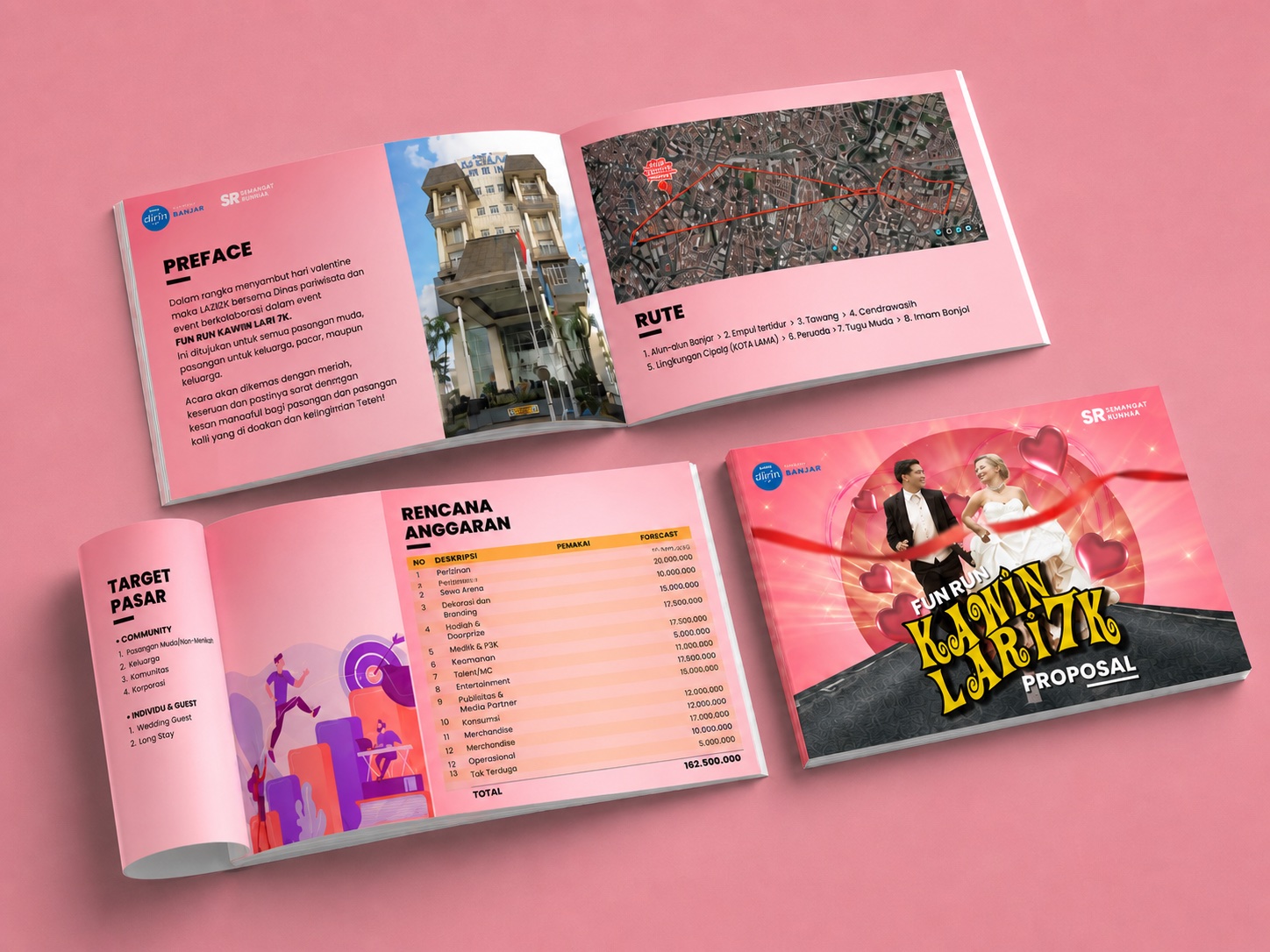 Hotel Ciputra Fun Run proposal pages showing the event visual, route plan and budget on a pink background