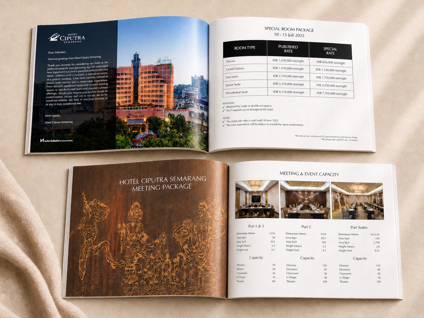 Hotel Ciputra sales deck showing the hotel, room rates and meeting-package pages