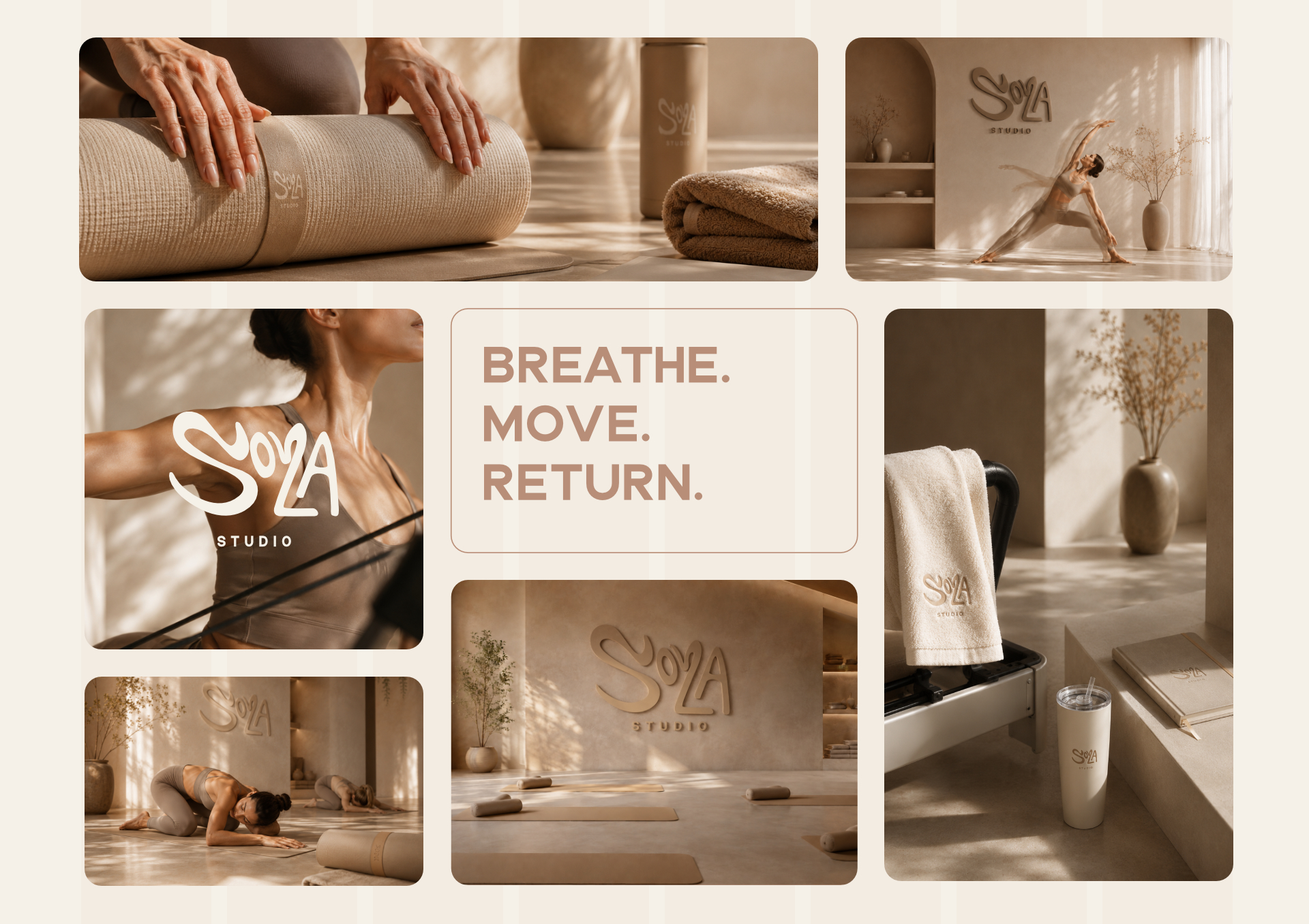 SOLA Studio wordmark shown with yoga movement and studio products