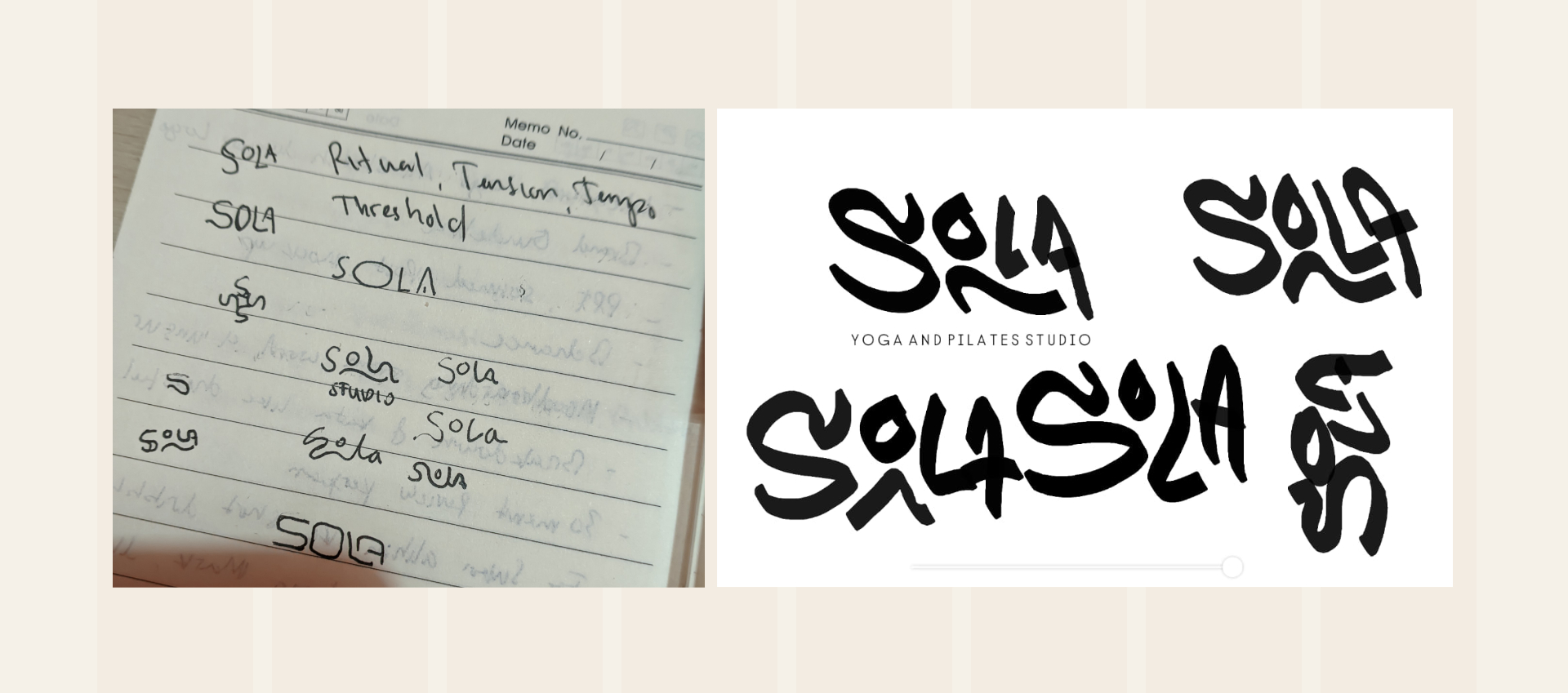 Early SOLA lettering sketches beside the final expressive wordmark