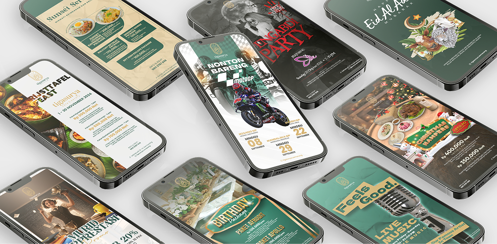 Tiga Surya social media designs presented on phone mockups