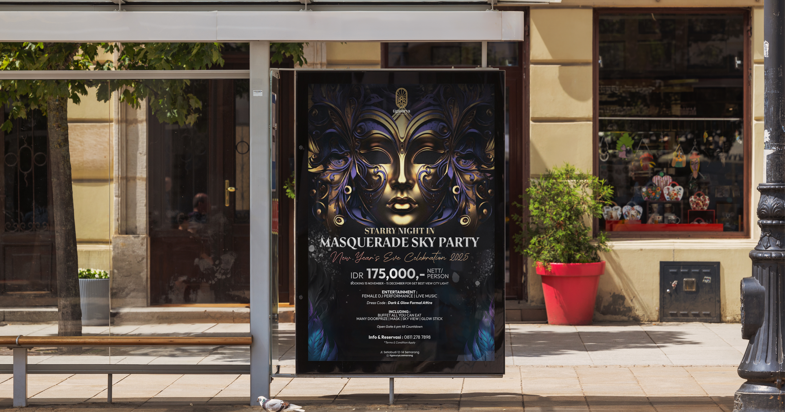 Tiga Surya identity displayed on a freestanding café poster outside the venue