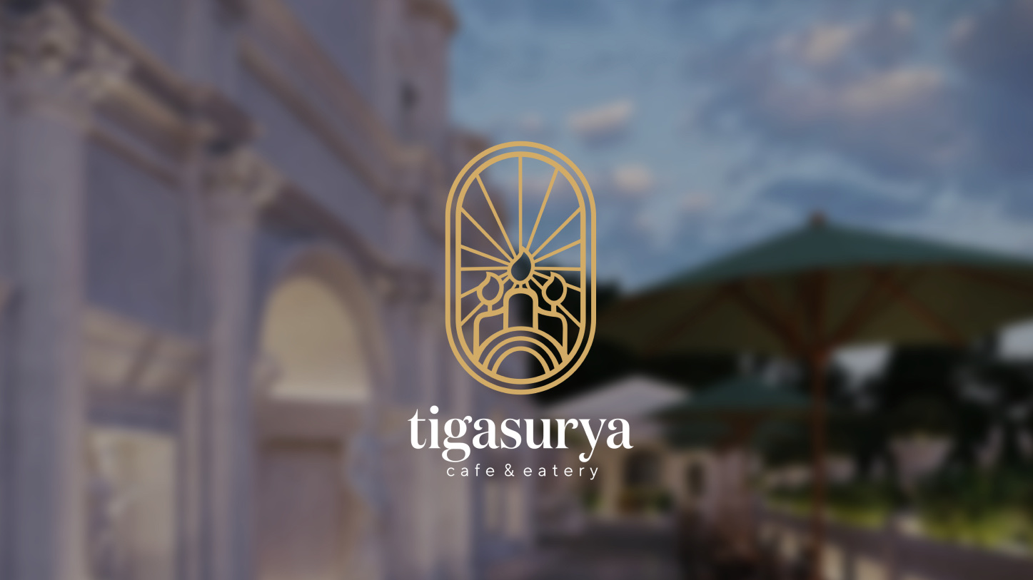 Tiga Surya Cafe & Eatery architectural logo over a photograph of its exterior
